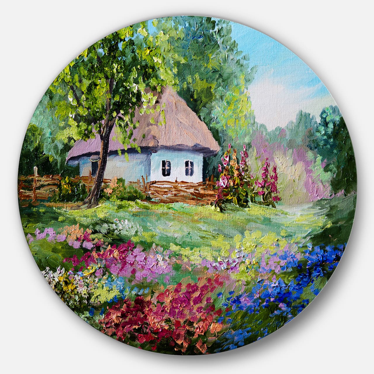 Designart - House in the Village Oil Painting' Landscape Circle Metal Wall Art